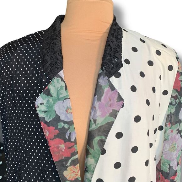 Vintage 90s Black Oversized Blazer Jacket Patchwork Polka Dot Floral Lace Collar - Picture 2 of 9